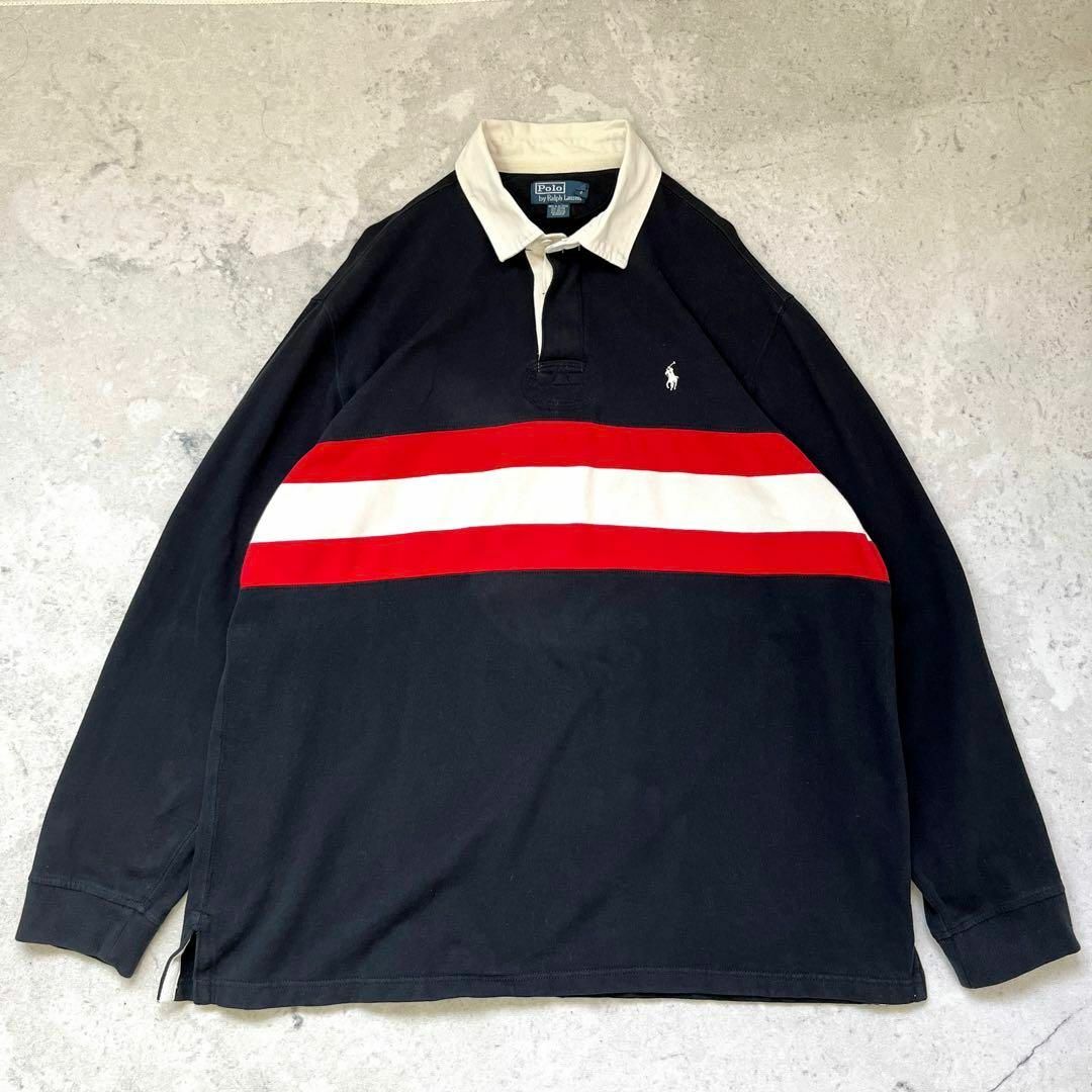 90s ポロラルフローレン】XXL スウェット生地 ボーダー ラガーシャツ 黒-