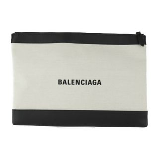 バレンシアガ(Balenciaga)のBALENCIAGA バレンシアガ  ネイビークリップM セカンドバッグ 373834 キャンバス レザー  ナチュラル ブラック シルバー金具 クラッチバッグ ポーチ 【本物保証】(セカンドバッグ/クラッチバッグ)