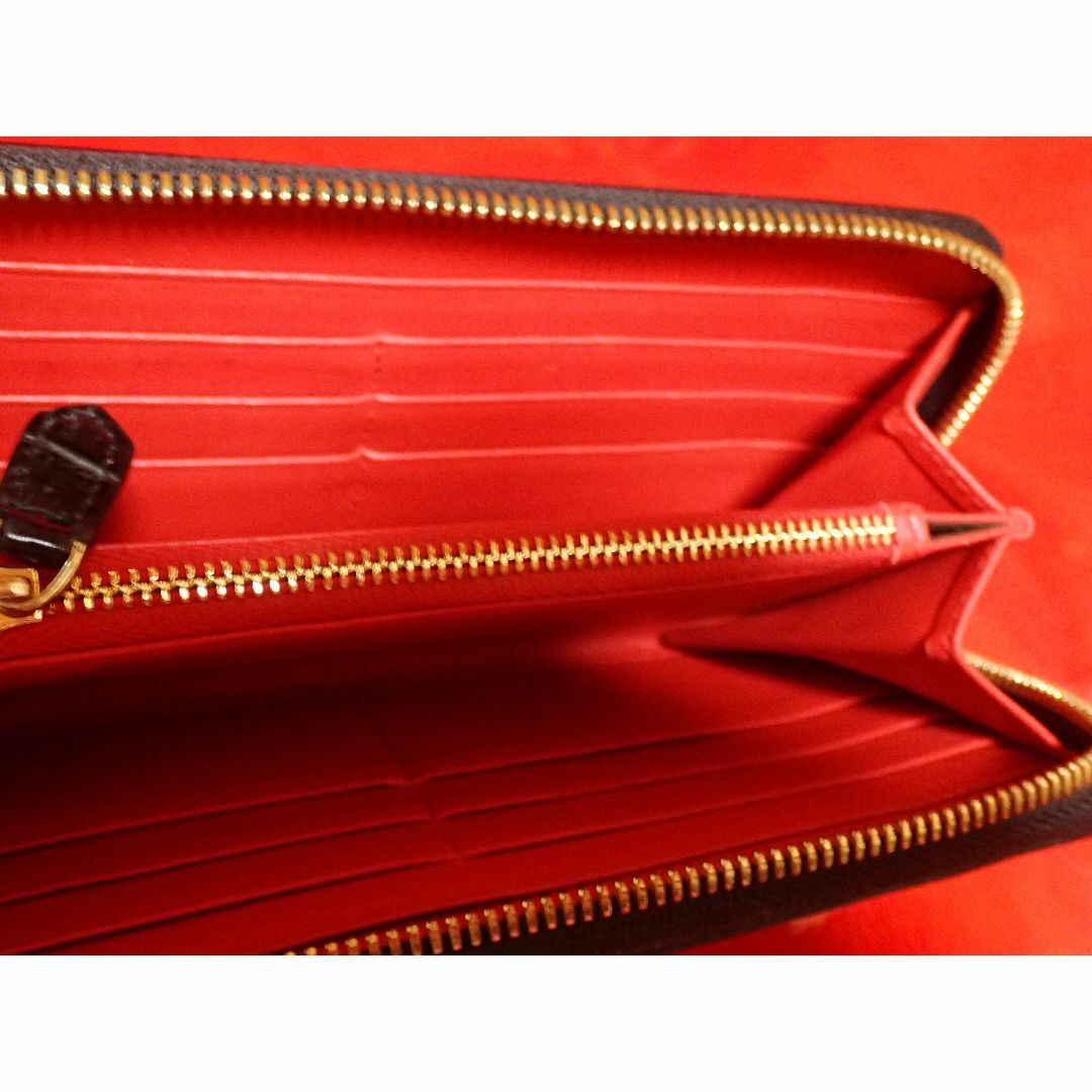 センター一枚革 クロコダイル ワニ革 長財布 ラウンド金ファスナー黒×赤のサムネイル