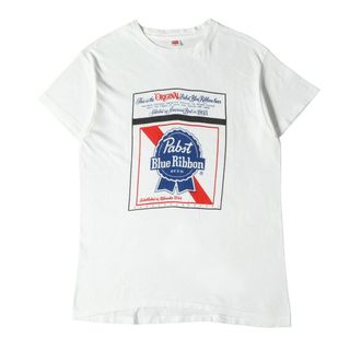 ヘインズ(Hanes)のHanes ヘインズ Tシャツ サイズ:L 70s Pabst Blue Ribbon 染み込みプリント クルーネック 半袖 Tシャツ 企業物 ホワイト 白 70年代 古着 ヴィンテージ トップス カットソー 【メンズ】【中古】(Tシャツ/カットソー(半袖/袖なし))