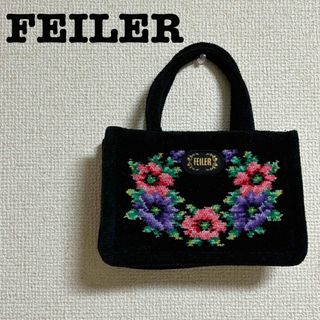 フェイラー(FEILER)の【美品】フェイラー ミニ ハンドバッグ ポーチ 小物入れ バッグ 花柄 ブラック(ハンドバッグ)