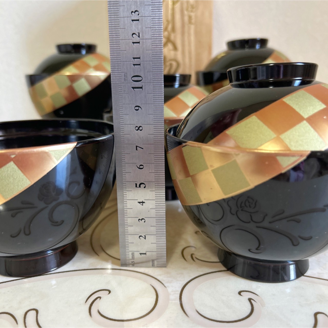 会津塗 乙造作 蓋付き御吸物椀揃 5客 金彩 蒔絵 市松 汁椀 お吸い物椀
