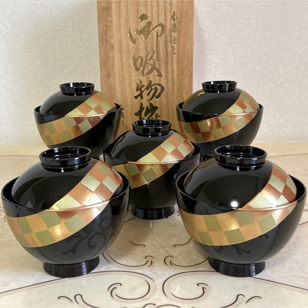会津塗 乙造作 蓋付き御吸物椀揃 5客 金彩 蒔絵 市松 汁椀 お吸い物椀 | フリマアプリ ラクマ