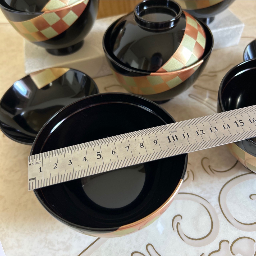 会津塗 乙造作 蓋付き御吸物椀揃 5客 金彩 蒔絵 市松 汁椀 お吸い物椀