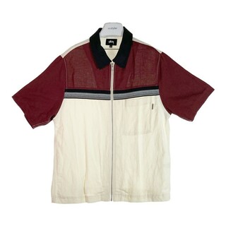 ★STUSSY ステューシー COLOR BLOCK ZIP WORK SHIRT カラーブロック ジップアップ ワークシャツ ベリーレッド/アイボリー sizeM