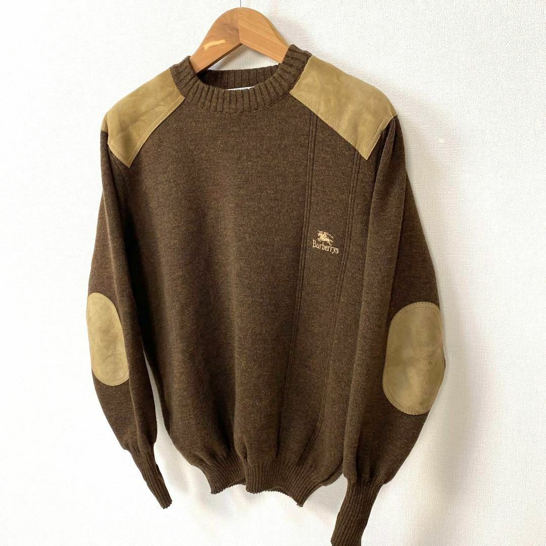 高級✨ 90s バーバリーズ ウールセーター 刺繍ロゴ エルボーパッチ XL 茶
