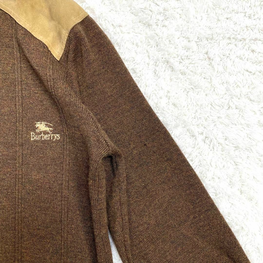 高級✨ 90s バーバリーズ ウールセーター 刺繍ロゴ エルボーパッチ XL 茶