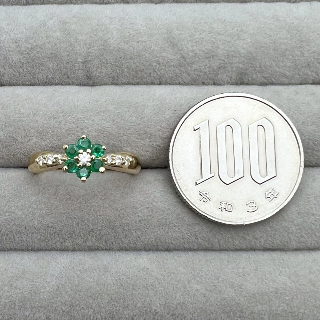 k18 天然 エメラルド 0.30ct ダイヤ 0.14ct 花 リングの通販 by