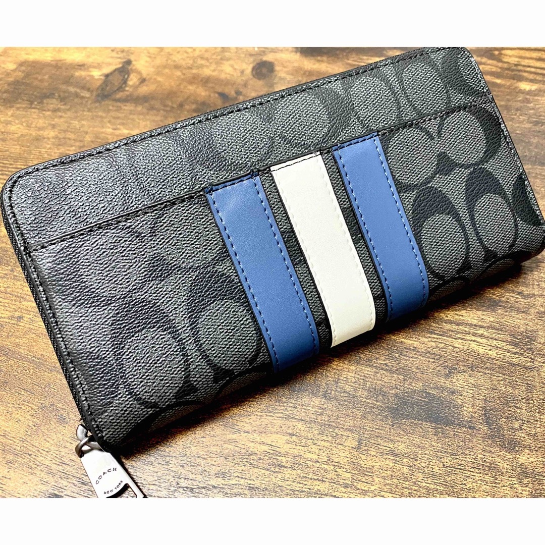 【新品】COACH ブラック 3色ライン シグネチャーレザーウォレット