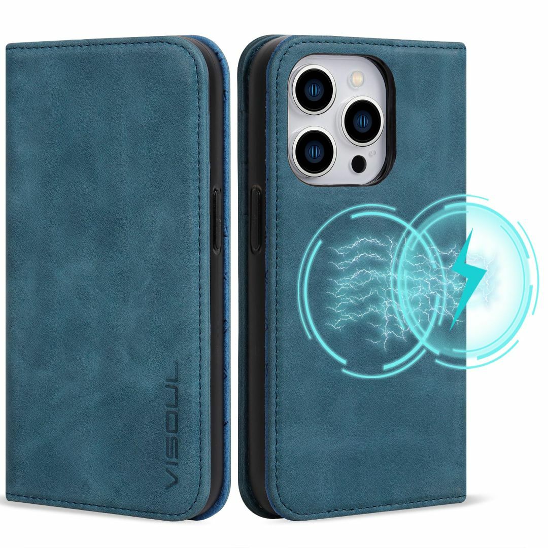 【色:レッド】VISOUL iphone15Pro ケース 手帳型 本革 Mag