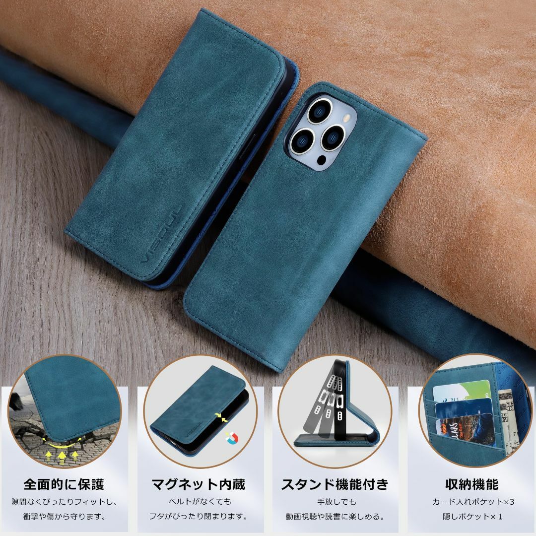 【色:レッド】VISOUL iphone15Pro ケース 手帳型 本革 Mag