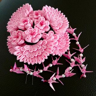 鶴　かんざし　ちりめん　髪飾り　つまみ細工　花　ウェディング　ピンク　下がり(ウェディングドレス)