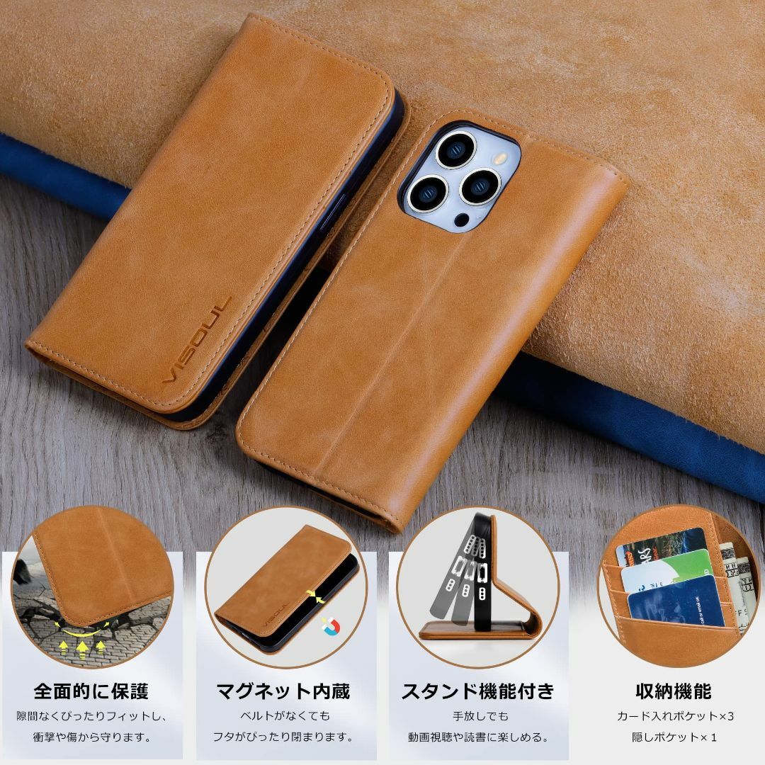 【色:レッド】VISOUL iphone15Pro ケース 手帳型 本革 Mag