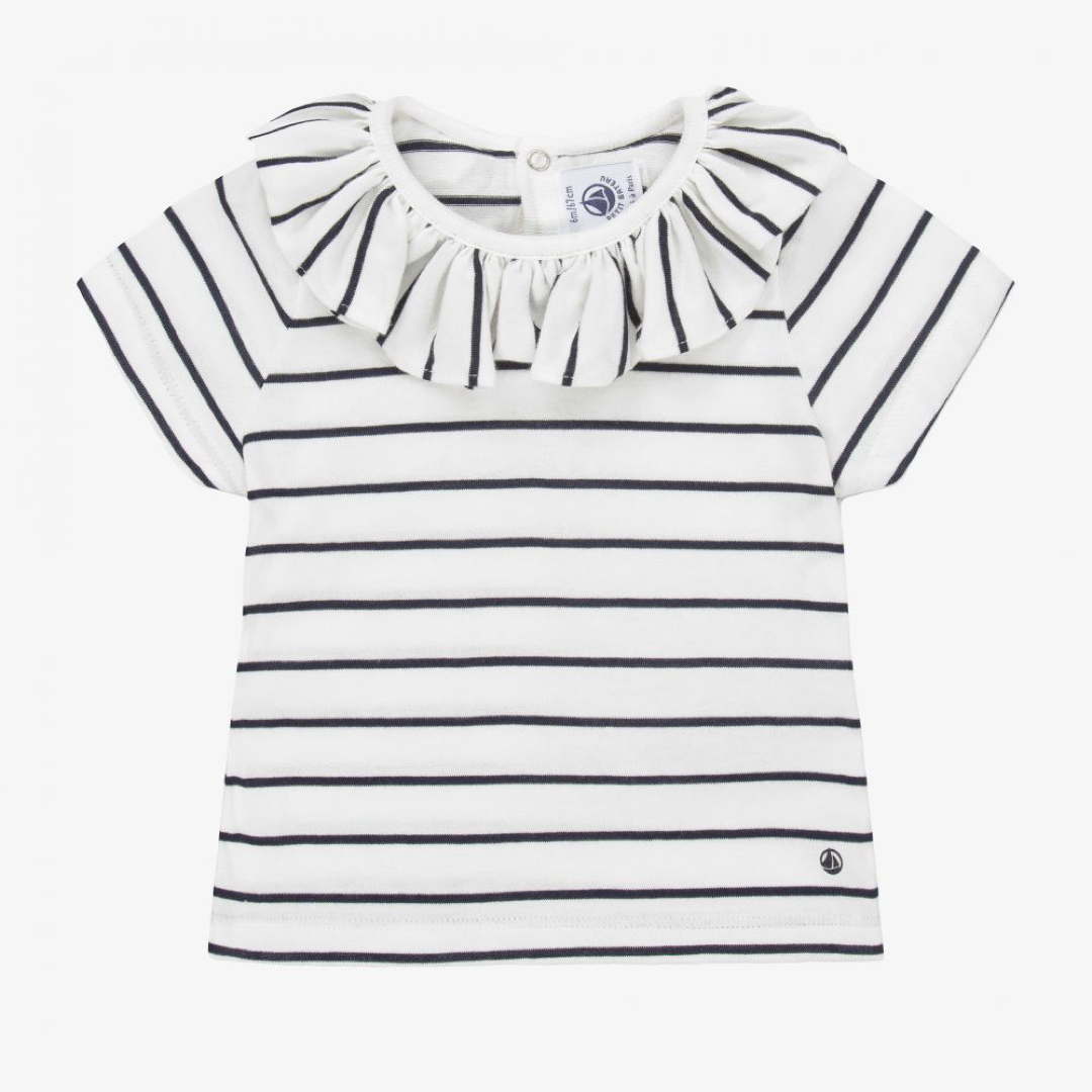 PETIT BATEAU(プチバトー)のガールズ ホワイト コットン T シャツ　ボーダー　フリル　半袖 キッズ/ベビー/マタニティのベビー服(~85cm)(シャツ/カットソー)の商品写真