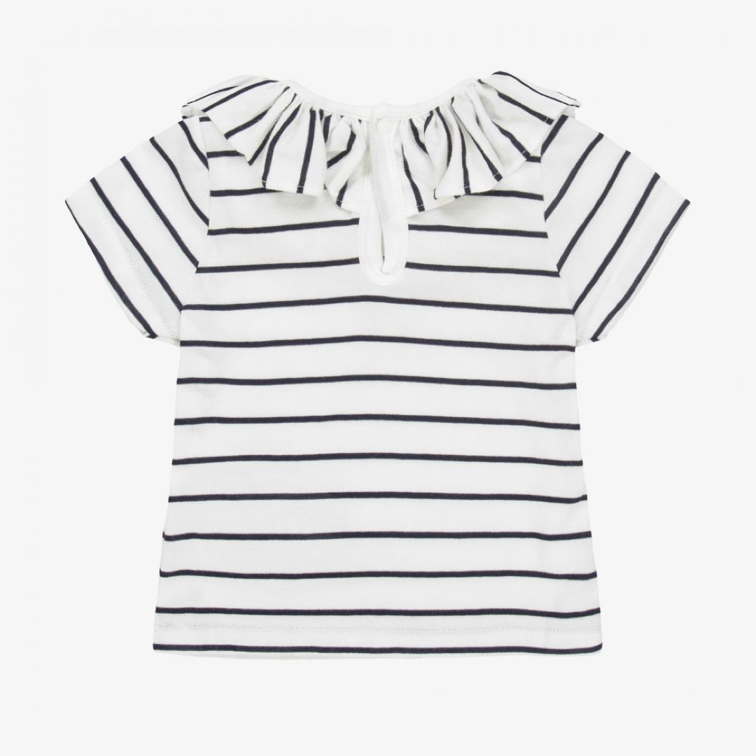 PETIT BATEAU(プチバトー)のガールズ ホワイト コットン T シャツ　ボーダー　フリル　半袖 キッズ/ベビー/マタニティのベビー服(~85cm)(シャツ/カットソー)の商品写真