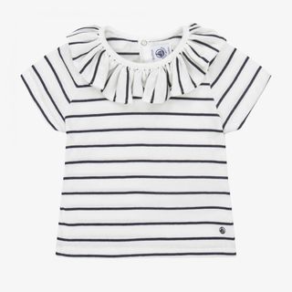 プチバトー(PETIT BATEAU)のガールズ ホワイト コットン T シャツ　ボーダー　フリル　半袖(シャツ/カットソー)