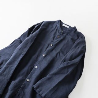 2021SS コンフェクト ネストローブ nest Robe 60/40リネン 7分袖バンドカラーシャツ 3/ネイビー ブラウス  メンズ【2400013542081】