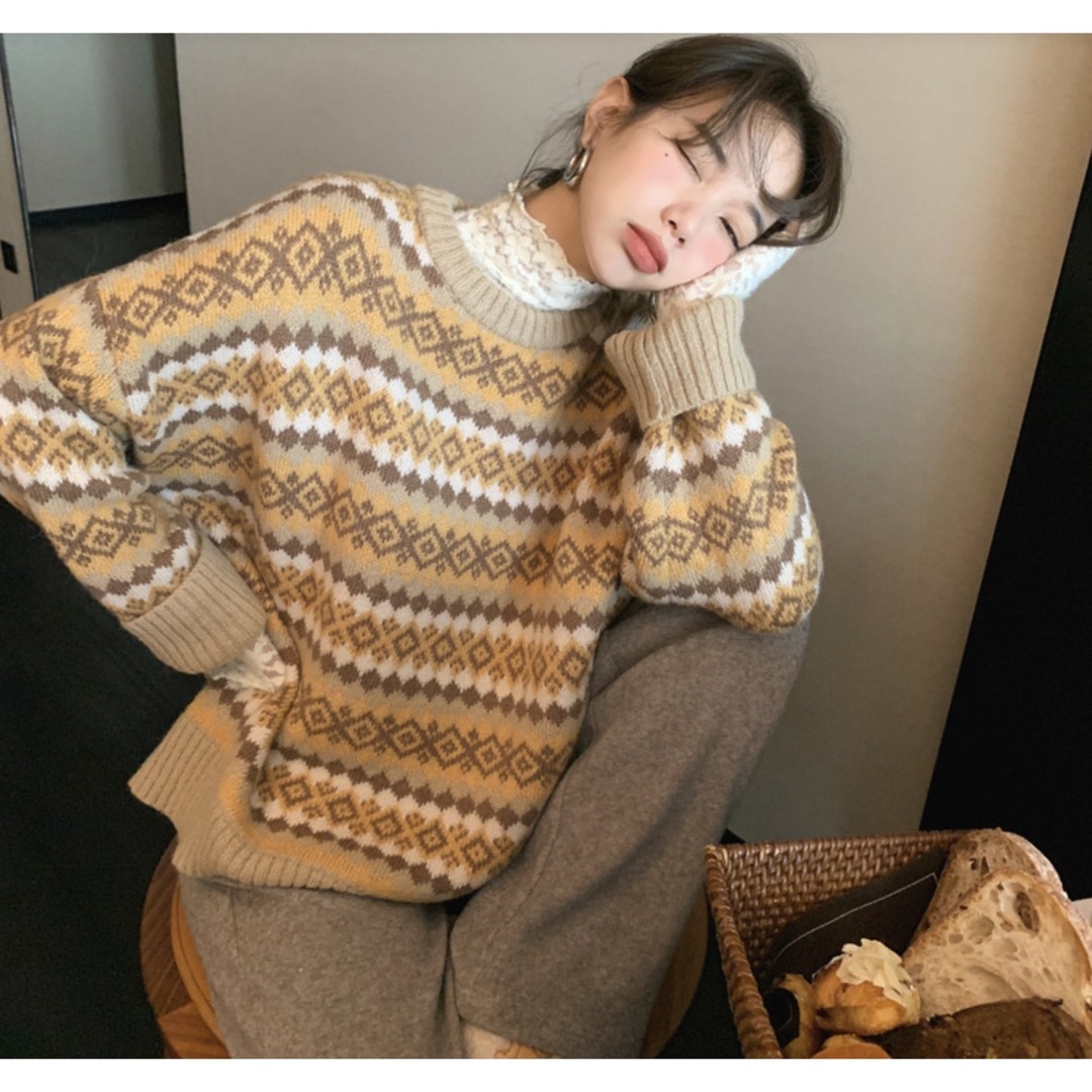 ノルディック柄 セーター イエロー ゆったり かわいい 韓国 原宿系