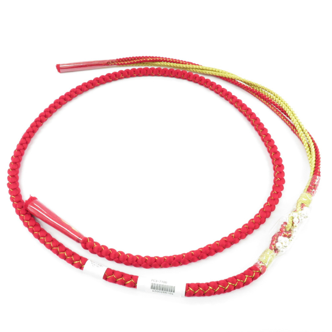 帯締め 振袖用 帯〆 赤×金色 パールビーズ 飾り付き 金糸 絹100% 丸組 成人式 卒業式 和装小物 長さ170cm 新品