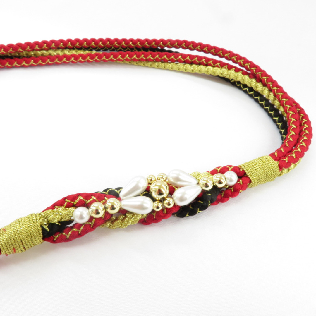 帯締め 振袖用 帯〆 赤・金色 黒 絹100% 金糸 パール風装飾 成人式 和装小物 Mサイズ 長さ168.5cm 新品