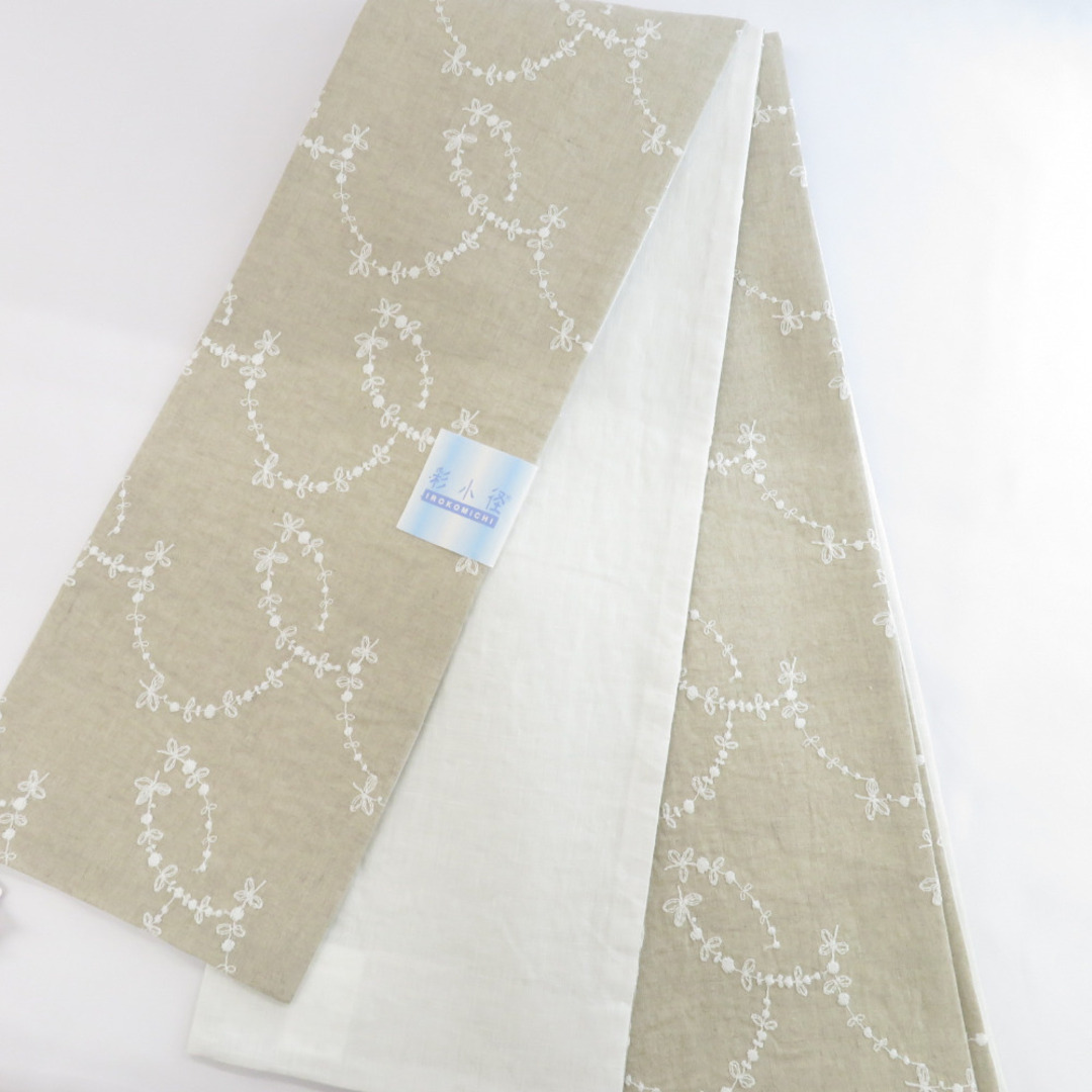 半幅帯 半巾帯 小袋帯 麻 刺繍 ベージュ×ホワイト 花冠 細帯 カジュアル用 小紋 浴衣 仕立て上がり 日本製 長さ約400cm 新品