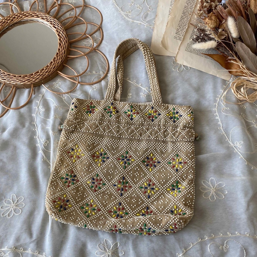 vintageヴィンテージ昭和レトロ総ビーズ刺繍used巾着バッグ