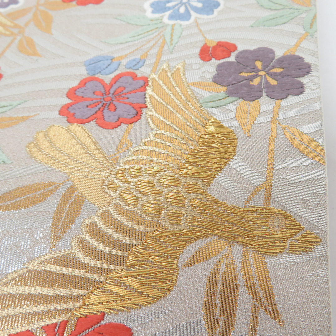 袋帯 鳥に桜 正絹 ゴールド色 金糸 六通柄 正絹 フォーマル向け 仕立て上がり 着物帯 長さ440cm 5