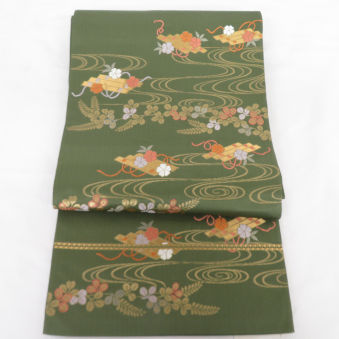 袋帯 桜と萩に花筏 正絹 緑色 金糸 六通柄 正絹 フォーマル 仕立て上がり 着物帯 長さ432cm 美品