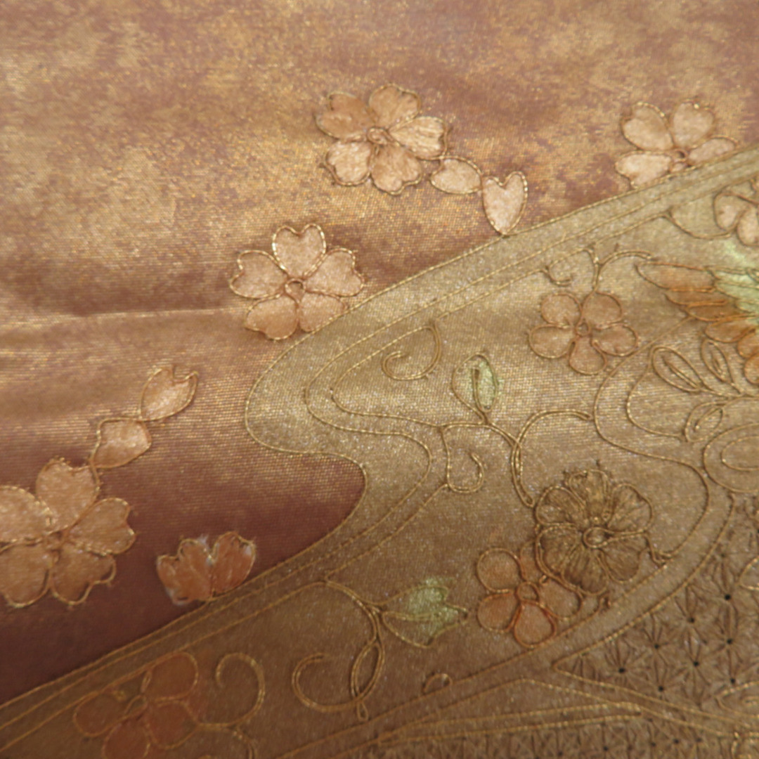袋帯 スワトウ刺繍 金色 茶色 鳥に桜紋様 正絹 金糸 お太鼓柄 仕立て上がり 長さ420cm 美品 レディースの水着/浴衣(帯)の商品写真