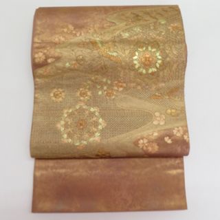 袋帯 スワトウ刺繍 金色 茶色 鳥に桜紋様 正絹 金糸 お太鼓柄 仕立て上がり 長さ420cm 美品(帯)