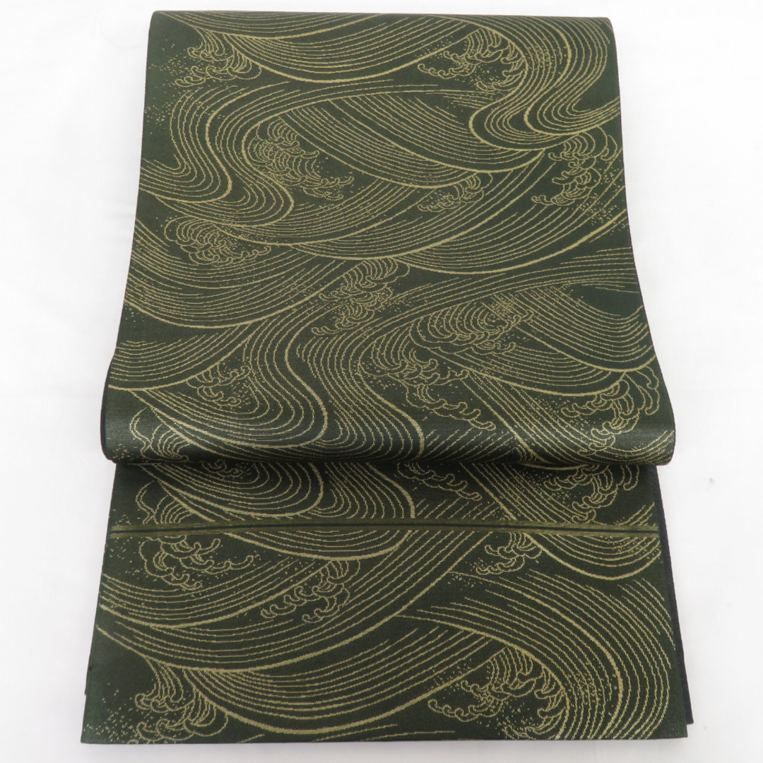 袋帯 波文 正絹 金糸 緑色 全通柄 フォーマル 仕立て上がり 着物帯 長さ430cm 美品商品コードki6540nB