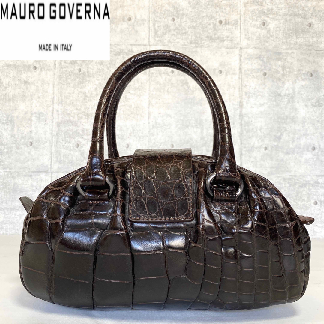 【美品】MAURO GOVERNA クロコダイル ダークブラウン ハンドバッグ