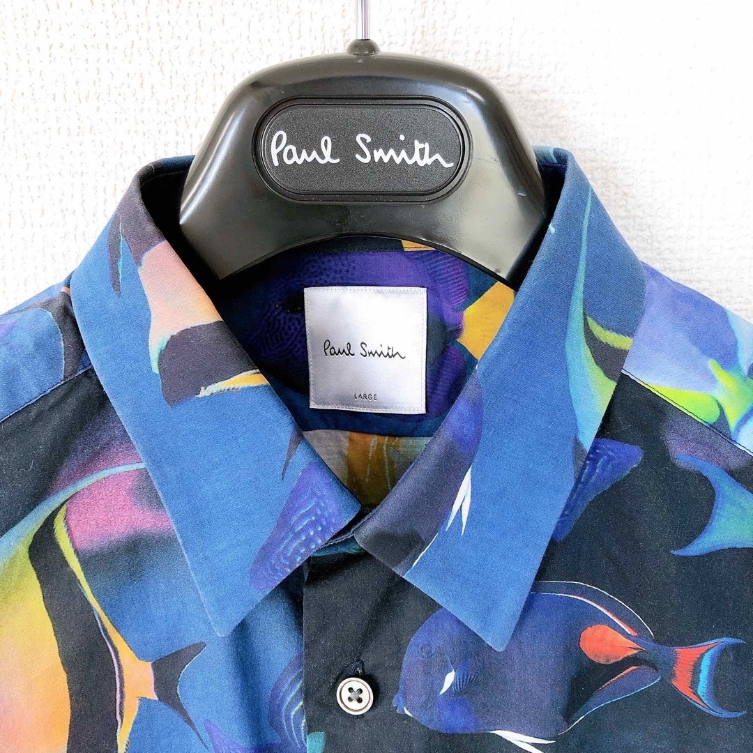 paulsmith ポールスミス 総柄 シャツ  半袖 濃ネイビー  L