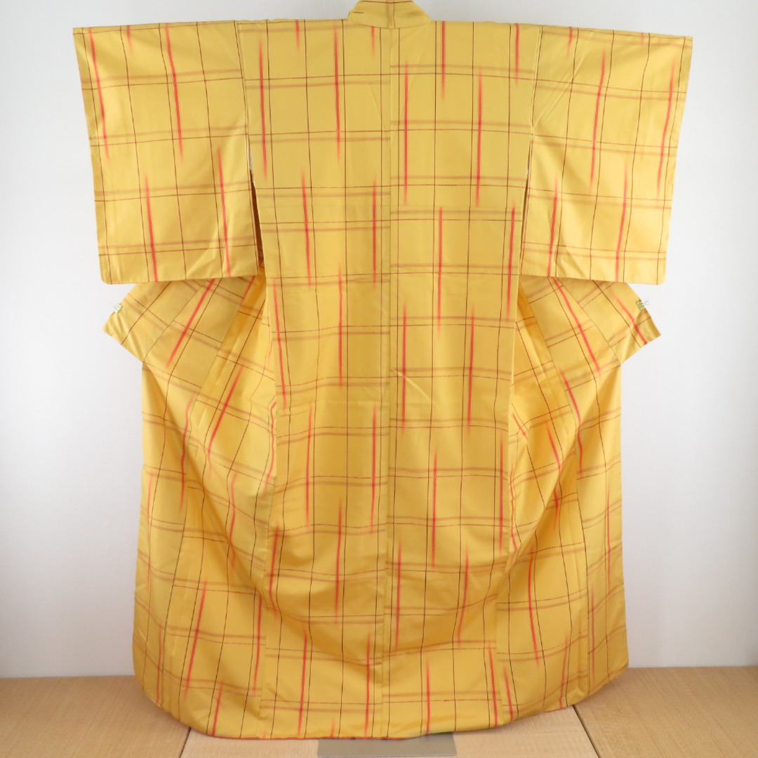 紬 着物 アンサンブル 格子 正絹 黄色 袷 広衿 羽織セット カジュアル着物 仕立て上がり 身丈162cm 美品 1