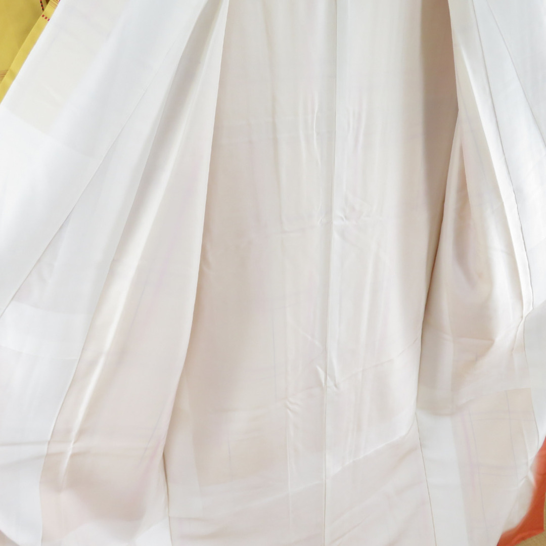 紬 着物 アンサンブル 格子 正絹 黄色 袷 広衿 羽織セット カジュアル着物 仕立て上がり 身丈162cm 美品 5