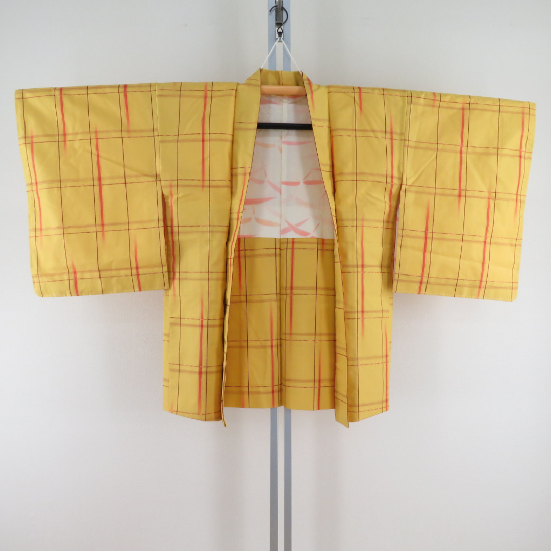 紬 着物 アンサンブル 格子 正絹 黄色 袷 広衿 羽織セット カジュアル着物 仕立て上がり 身丈162cm 美品 6