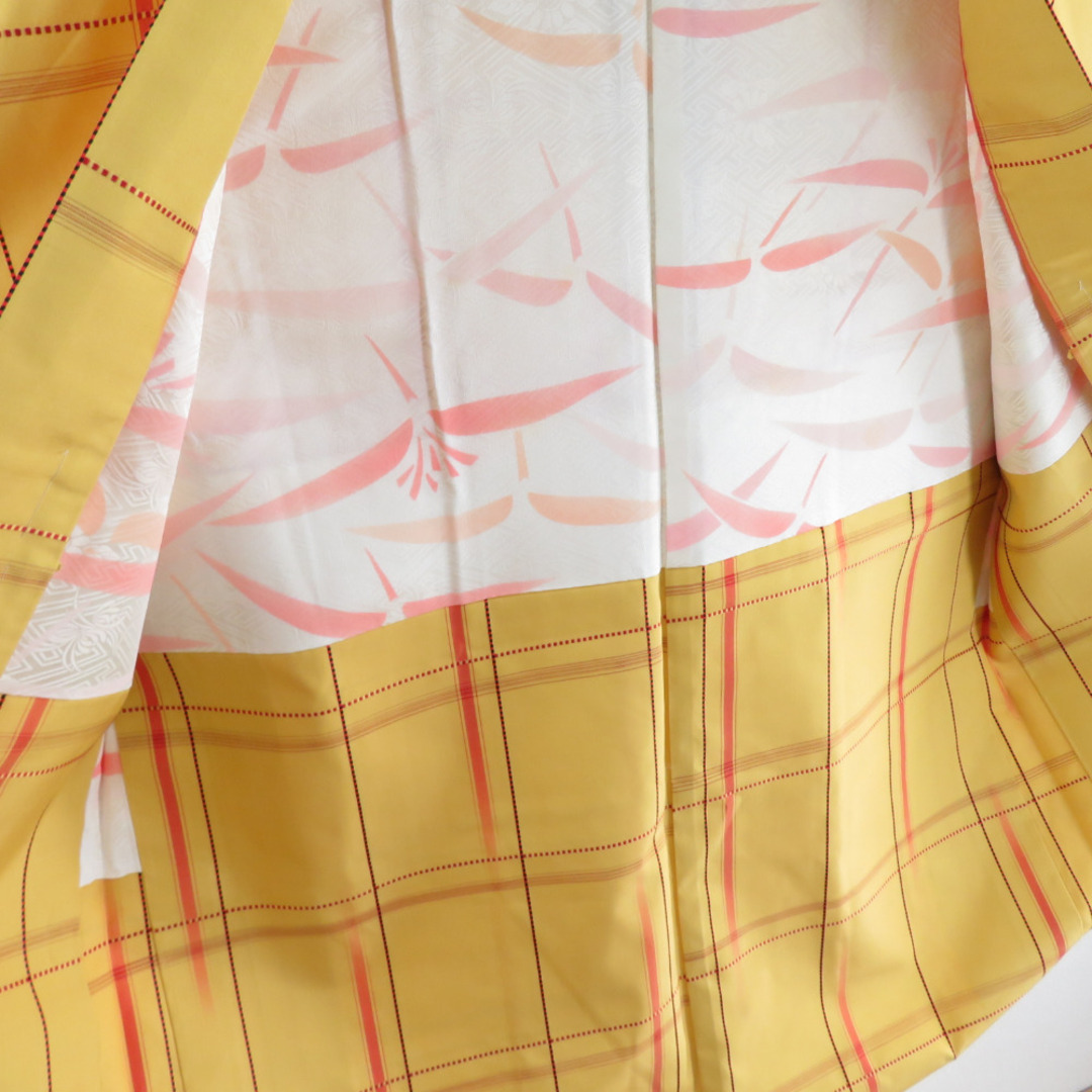 紬 着物 アンサンブル 格子 正絹 黄色 袷 広衿 羽織セット カジュアル着物 仕立て上がり 身丈162cm 美品 7