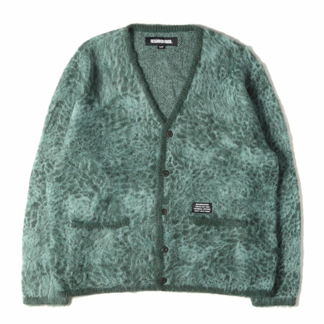 メンズNEIGHBORHOOD ネイバーフッド カーディガン サイズ:XL 22AW レオパード柄 モヘヤニット カーディガン MOHAIR CARDIGAN / AN グリーン トップス セーター 長袖 【メンズ】【美品】