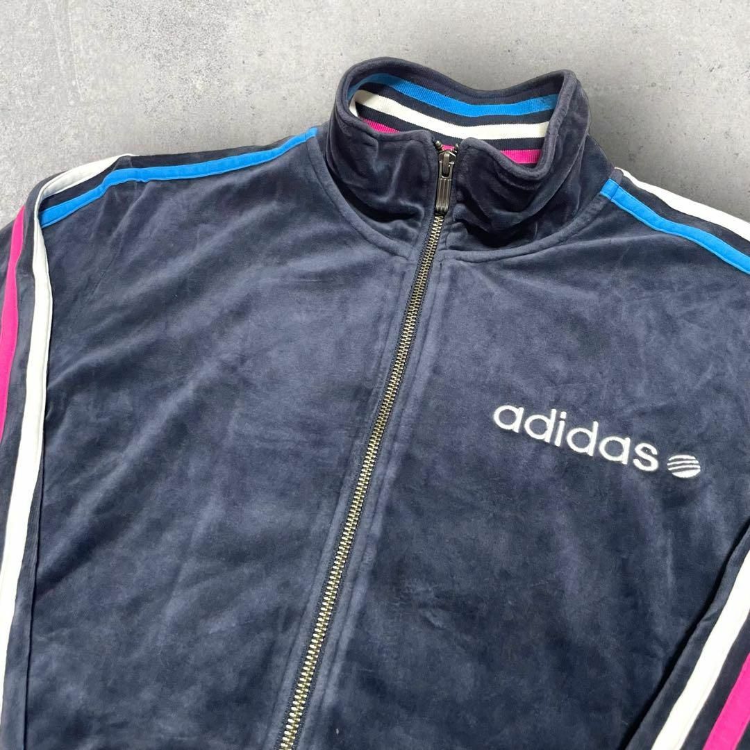 美品 adidas アディダス ベロア 刺繍ロゴ トラックジャケット L 紺