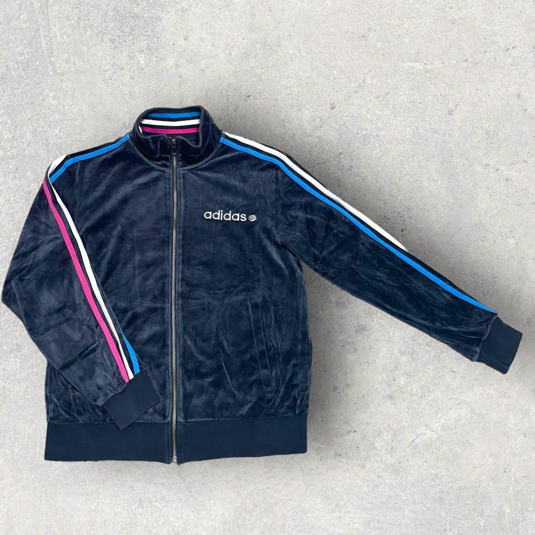 美品 adidas アディダス ベロア 刺繍ロゴ トラックジャケット L 紺