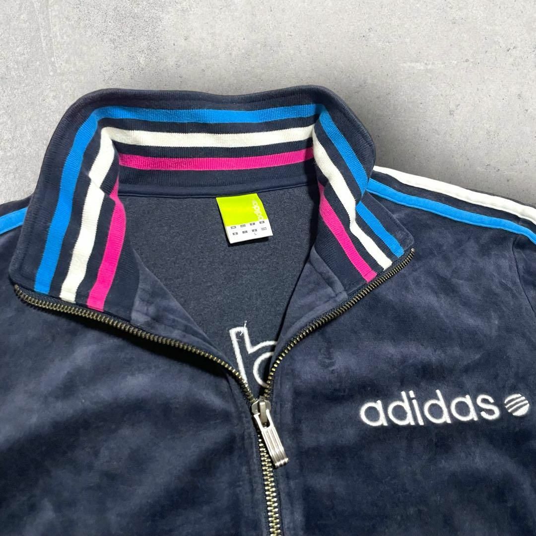 美品 adidas アディダス ベロア 刺繍ロゴ トラックジャケット L 紺