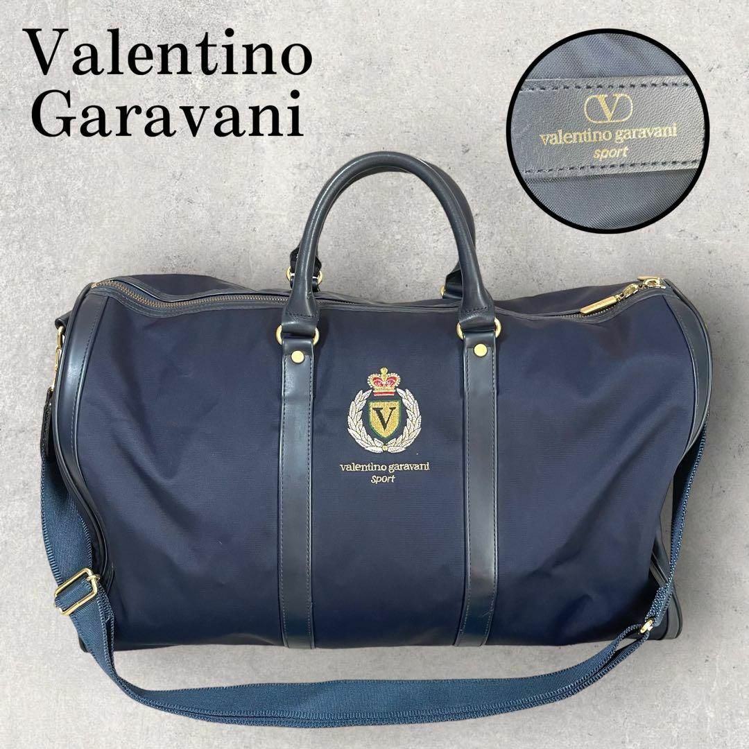 美品 Valentino Garavani ボストンバッグ 刺繍ロゴ ネイビー