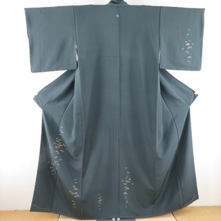 訪問着 刺繍 箔 結び文様 灰緑色 袷 広衿 正絹 一つ紋 仕立て上がり 身丈160cm 美品(着物)