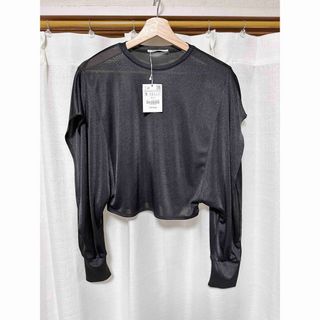 ザラ(ZARA)のZARA トップス Tシャツ カットソー スリット 黒 長袖 レディース 新品(Tシャツ(長袖/七分))