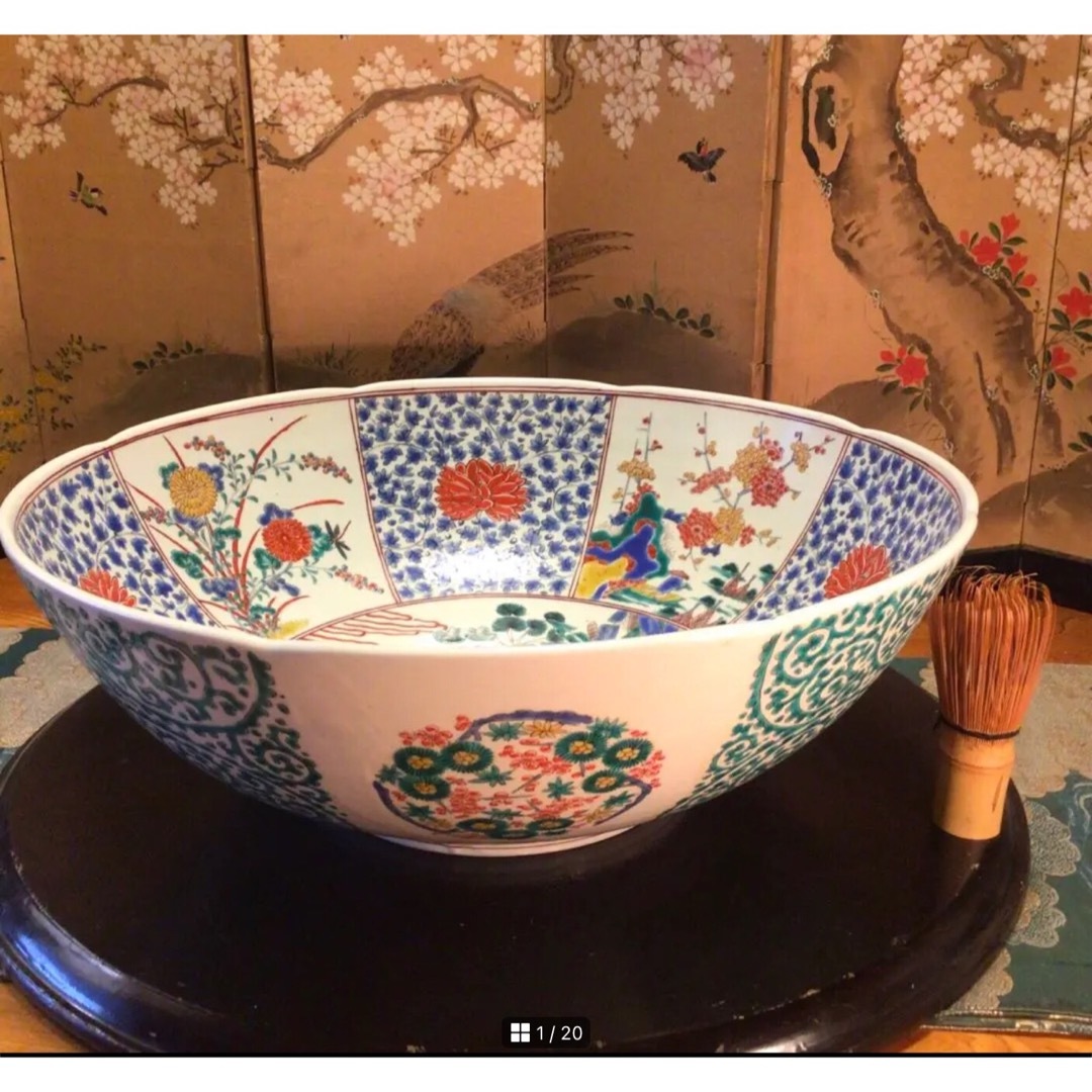 特別出品】極上 古伊万里 柿右衛門様式 猫に花唐草紋様 色絵大鉢 1客