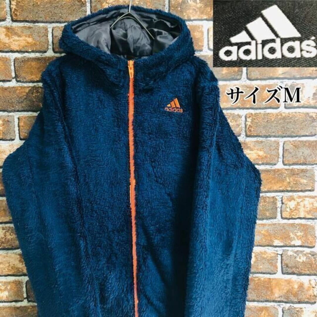 【希少】アディダスadidas　ボアフリースパーカー胸ロゴネイビーゆるだぼ　M