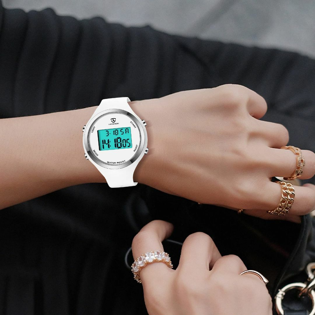 【色: ホワイト】デジタル腕時計 レディース 細め うで時計 おしゃれ 防水 腕 2