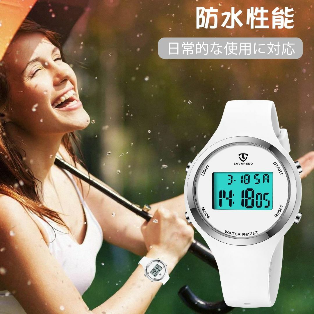 【色: ホワイト】デジタル腕時計 レディース 細め うで時計 おしゃれ 防水 腕 3