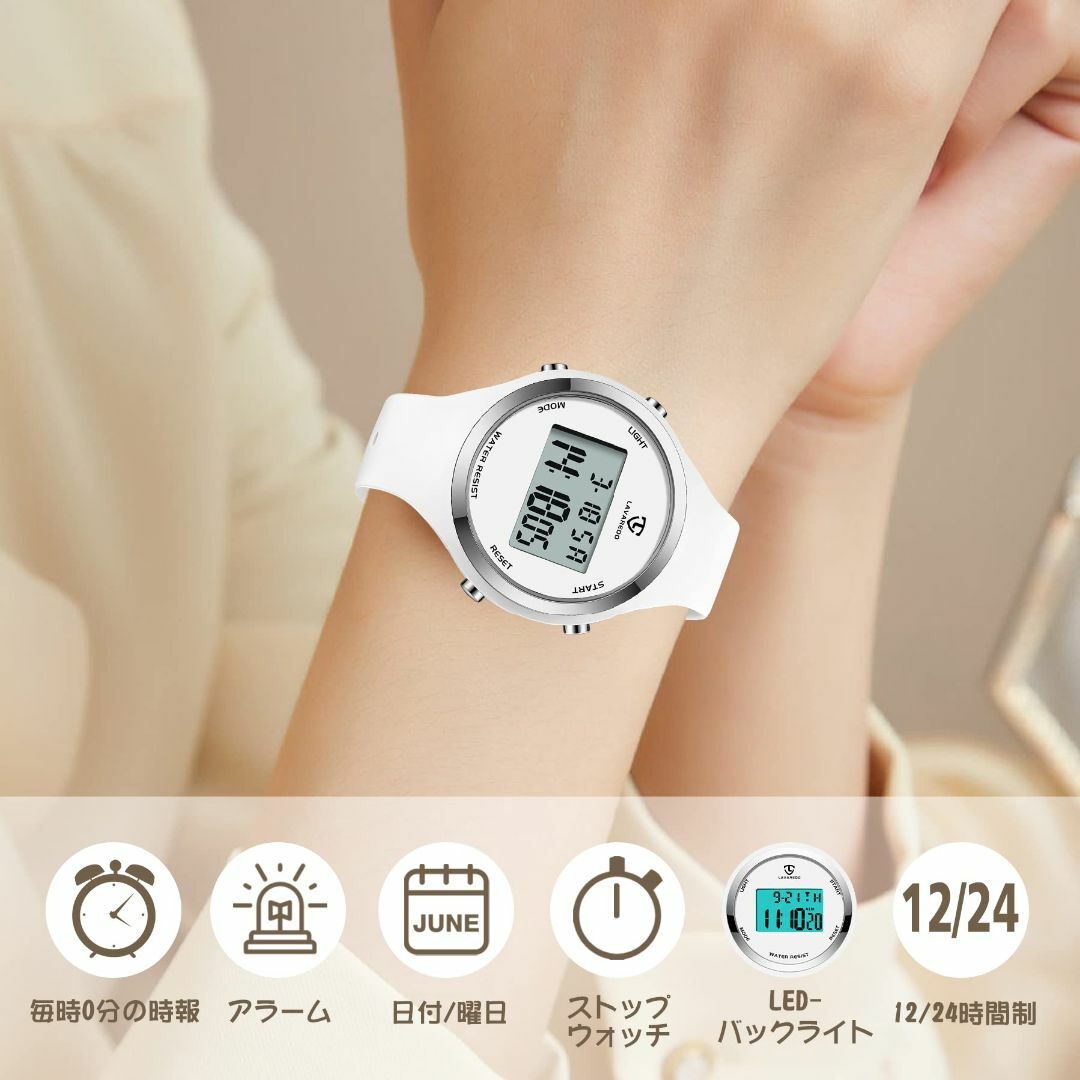 【色: ホワイト】デジタル腕時計 レディース 細め うで時計 おしゃれ 防水 腕 7