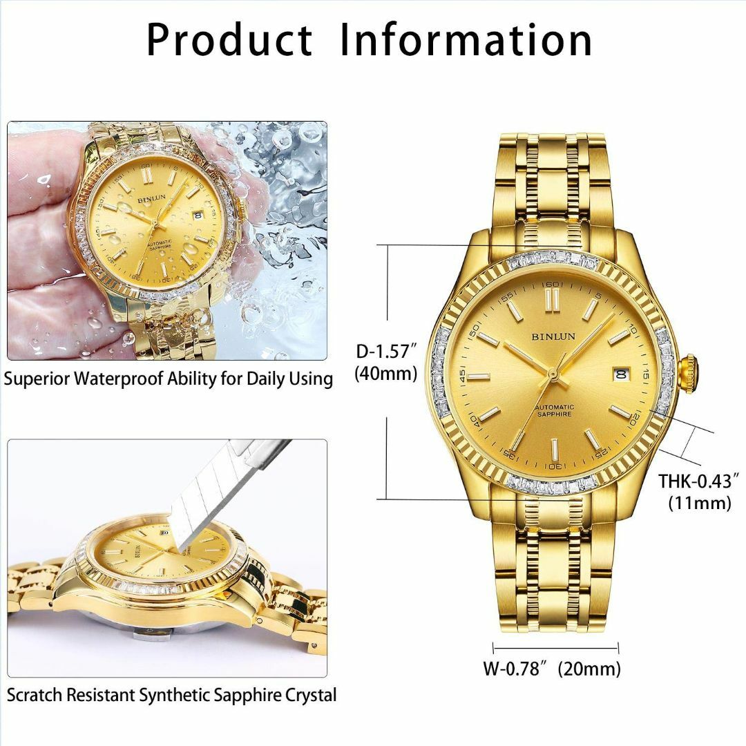 【色: 金色文字盤-G】BINLUN 腕時計 メンズ ゴールド 機械式 自動巻き 4